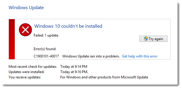 Nevarēja instalēt sistēmu Windows 10 Kļūda C1900101-40017