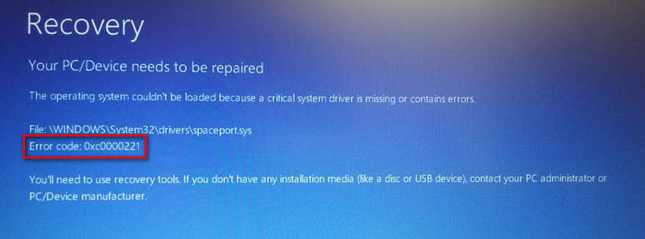 Cómo reparar el error de reparación de PC / dispositivo 0xc0000221
