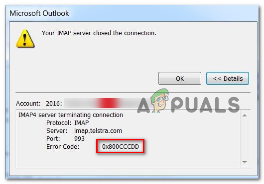 Resolució de l’error d’Outlook 0x800CCCDD 'El vostre servidor IMAP ha tancat la connexió'