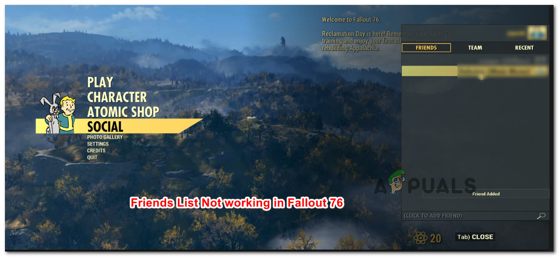 Oprava: Zoznam priateľov Fallout 76 nefunguje