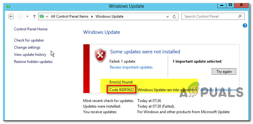 A 800F0922 hibakód javítása Windows 7 / 8.1 / 10 rendszeren