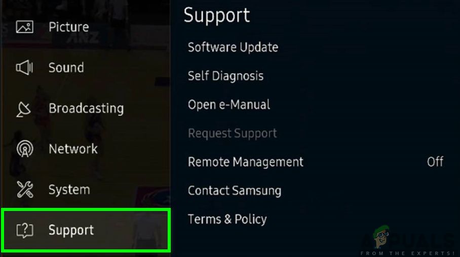 Klicken Sie auf die Option Support (schwarzer Bildschirm von Samsung).