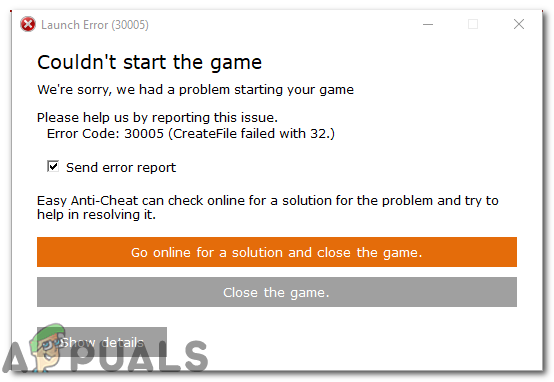 Грешка 30005: Създаването на файл е неуспешно с 32 „не може да стартира играта“
