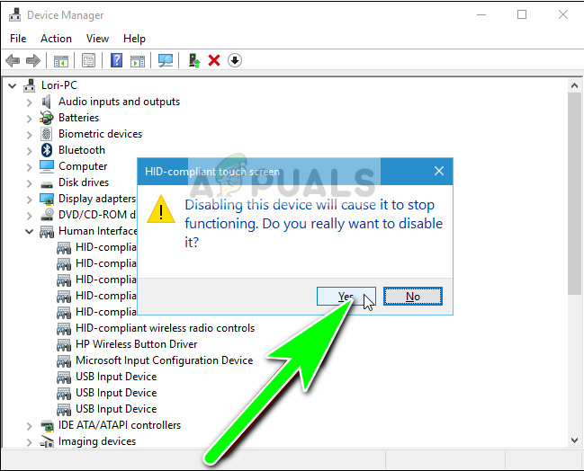 Bekræftelse af deaktivering af berøringsskærmen - Enhedshåndtering på Windows 10
