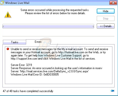 Как да коригирам грешка на Windows Live Mail Server 3219 (0x8DE00005)