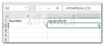Exemplo com o uso da função Power para encontrar a raiz quadrada