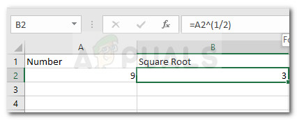 Exemplo de uso do operador expoente para encontrar a raiz quadrada de um número
