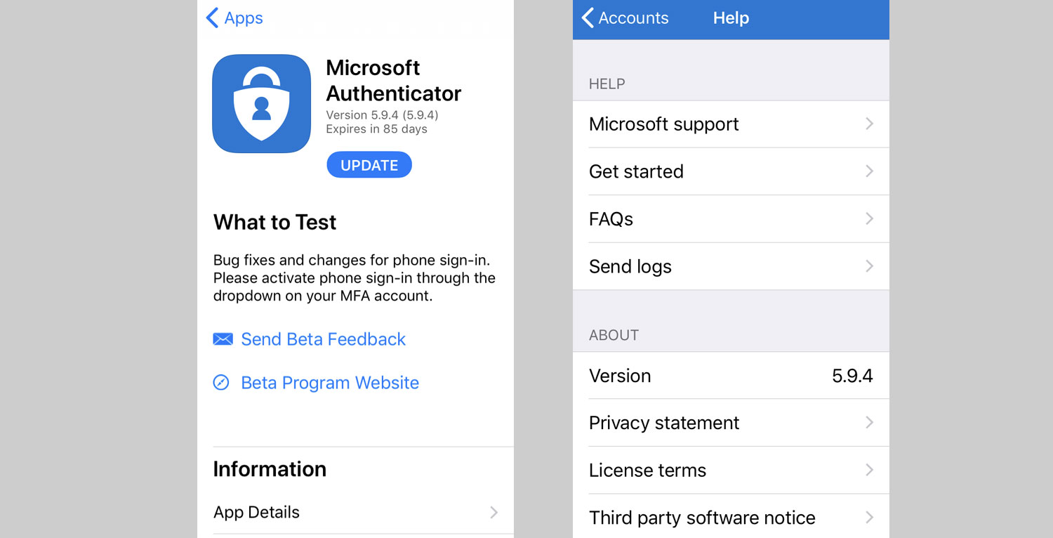 Microsoft Authenticator 5.9.4 Bringer fejlrettelser med telefon-login TFA-sikkerhed i TestFlight