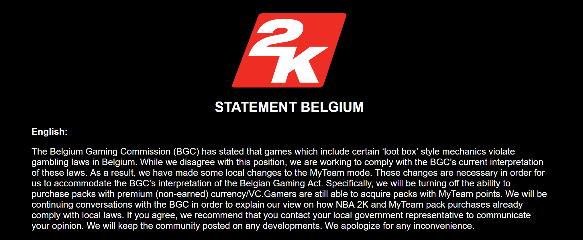 2K pyytää faneja valittaa Lootbox Banista Belgiassa