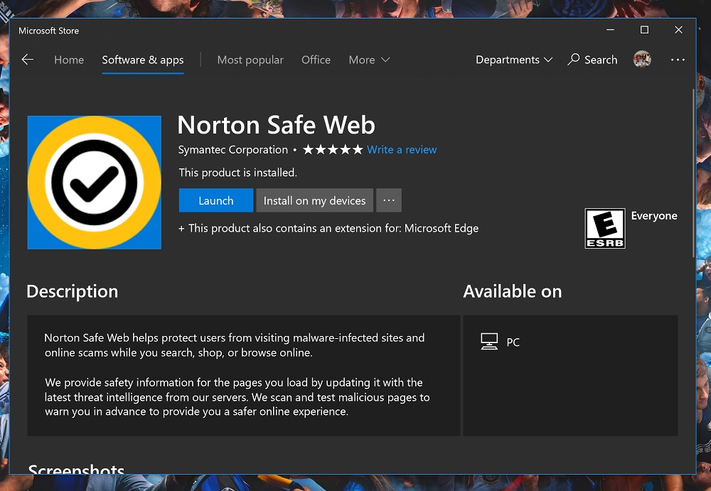 Web Selamat Norton Disenaraikan di Kedai Microsoft