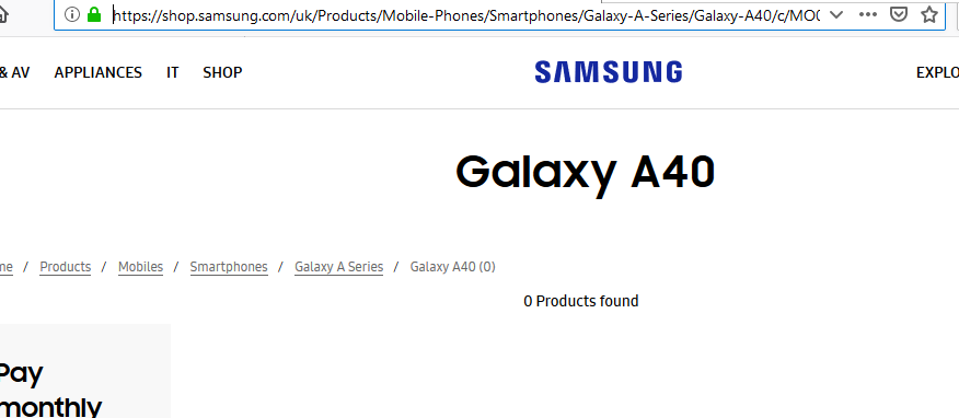 Galaxy A40 no site da Samsung no Reino Unido