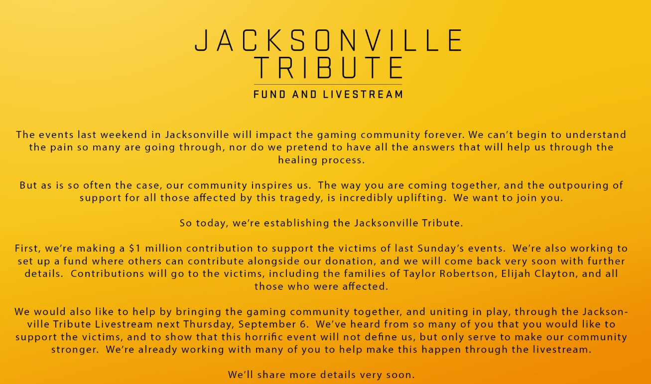 EA planlegger Fundraising Livestream og donerer $ 1m til Jacksonville Shooting Victims